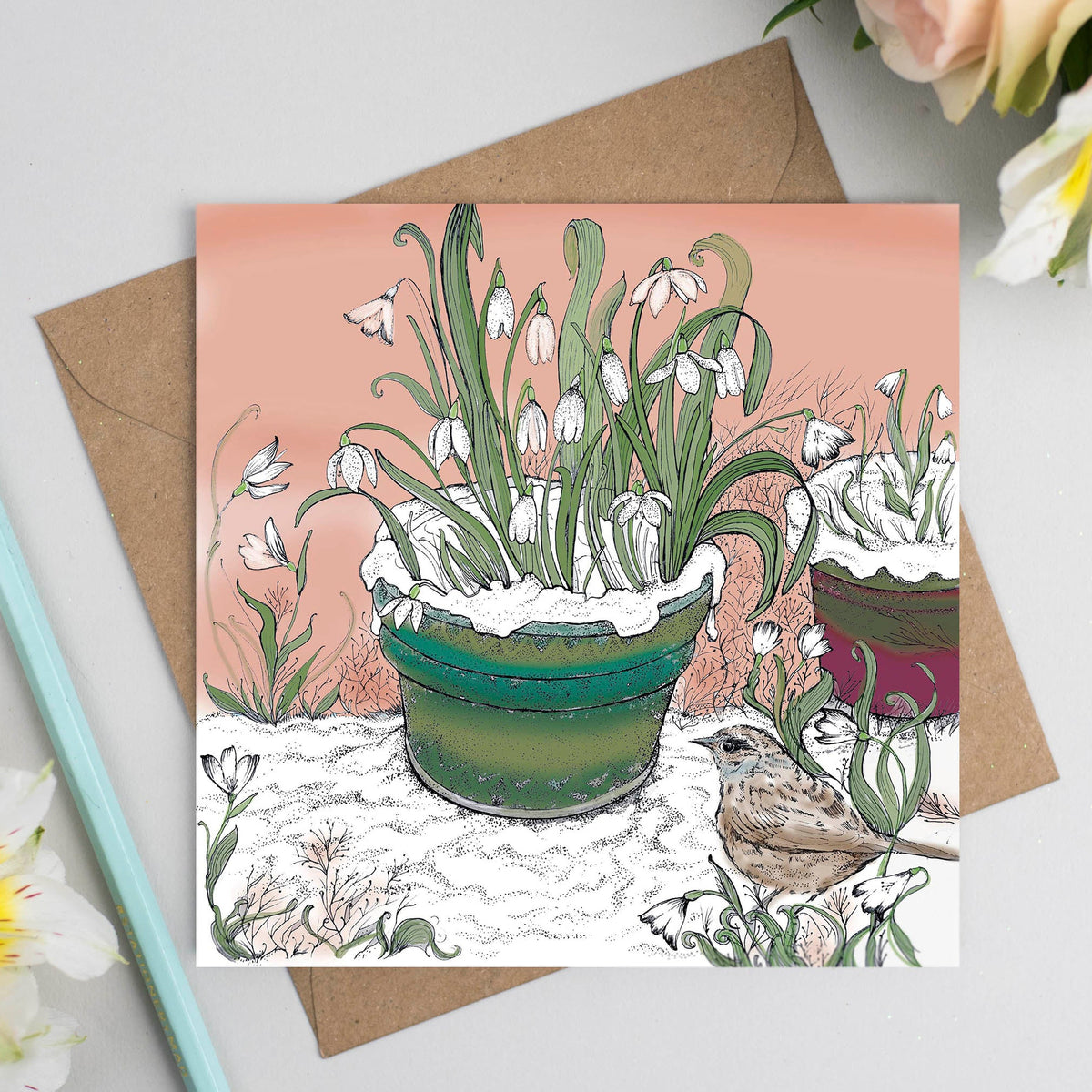 Dunnock Snowdrops Hand Drawn Art Blank Bird Greeting Card