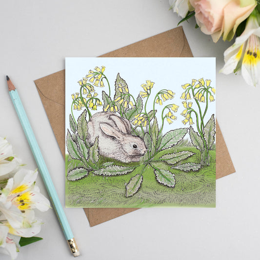 Rabbit Cowslips Hand Drawn Easter Bunny Blank Greeting Card