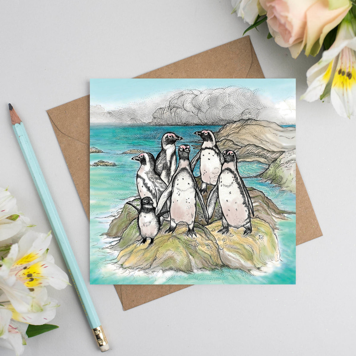 Rock Penguins Hand Drawn Blank Art Bird Greeting Card