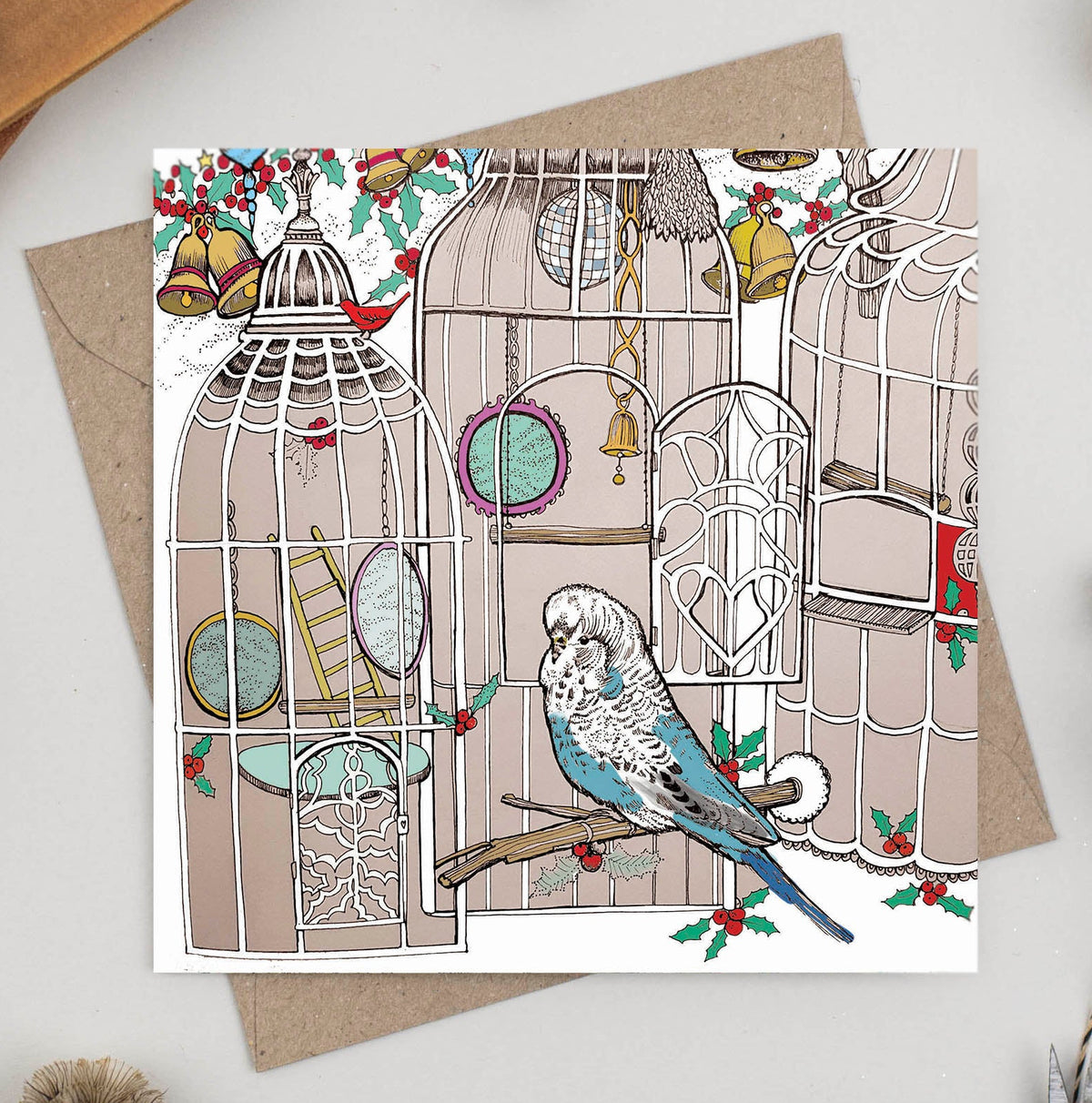 Budgie Hand Drawn Bird Art Blank Greeting Card