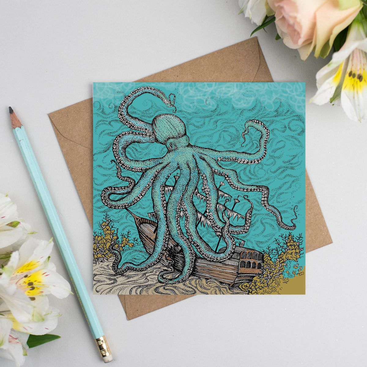 Octopus Hand Drawn Art Blank Sea Shipwreck Greeting Card