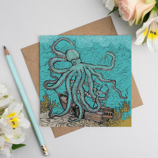 Octopus Hand Drawn Art Blank Sea Shipwreck Greeting Card
