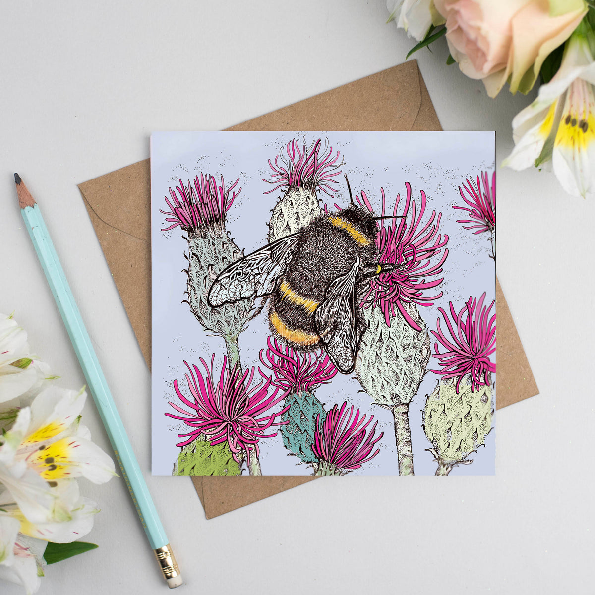 Bumblebee and Thistles Hand Drawn Art Blank Greeting Card