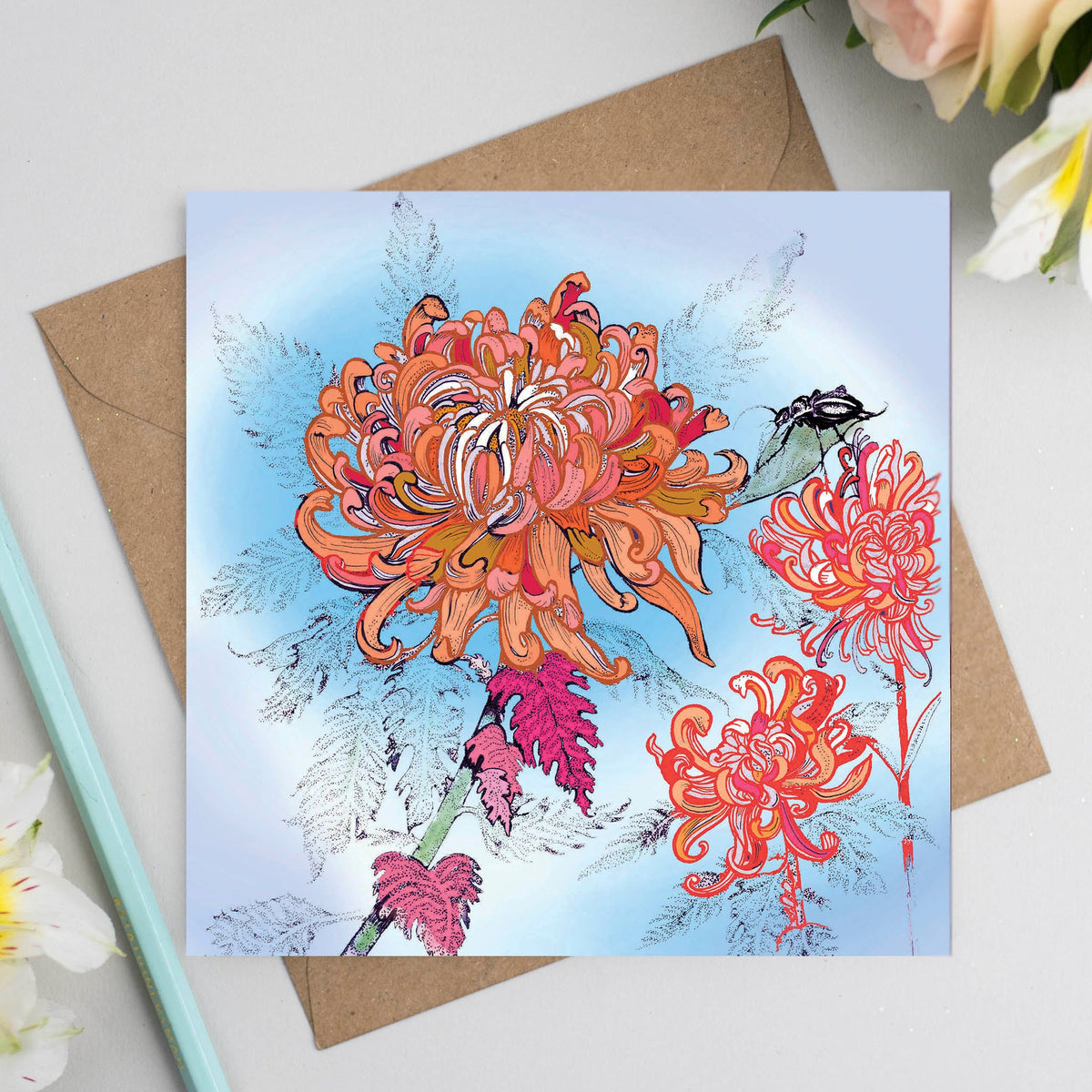 Chrysanthemum Beetle Hand Drawn Blank Floral Greeting Card