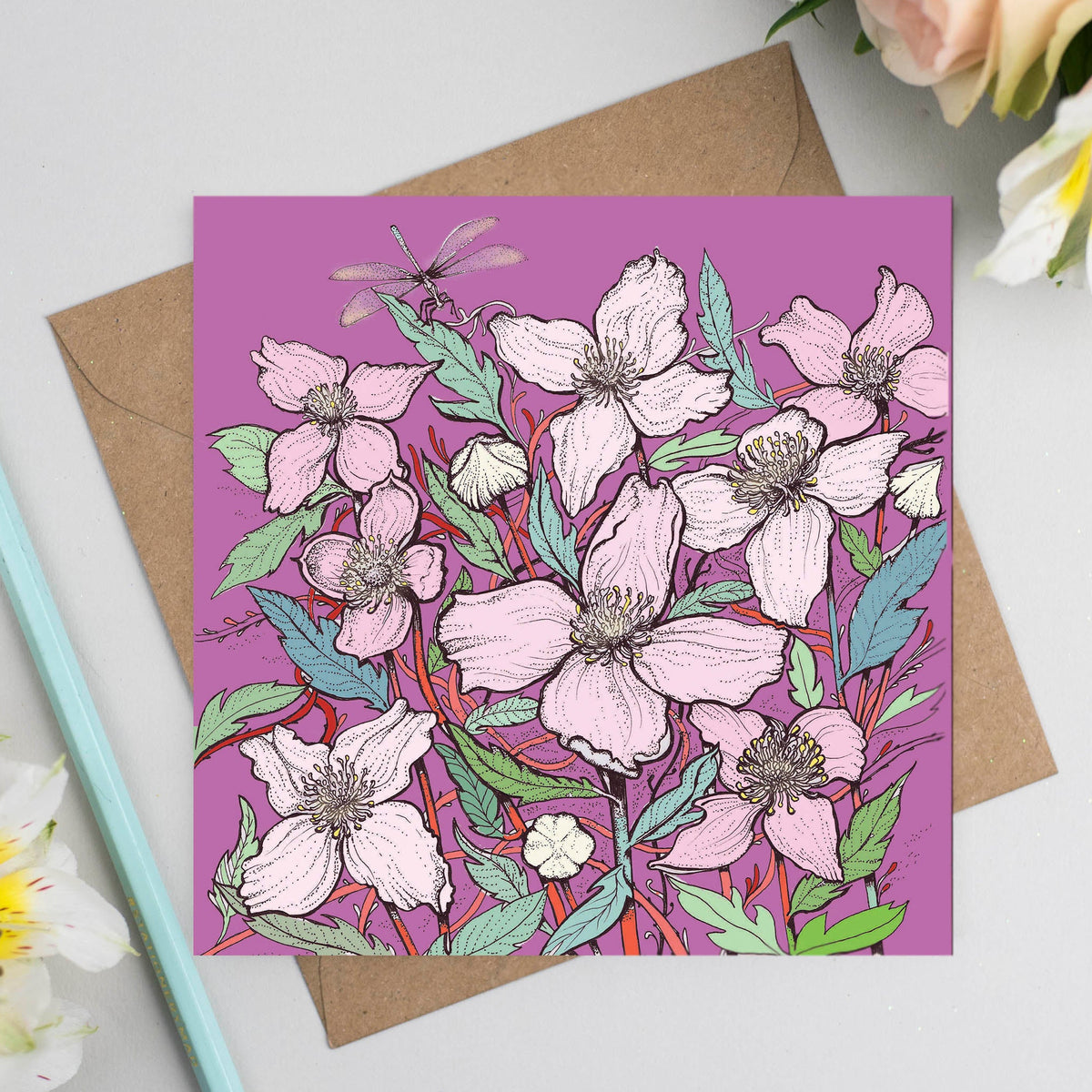 Clematis Elizabeth Hand Drawn Art Blank Floral Greeting Card