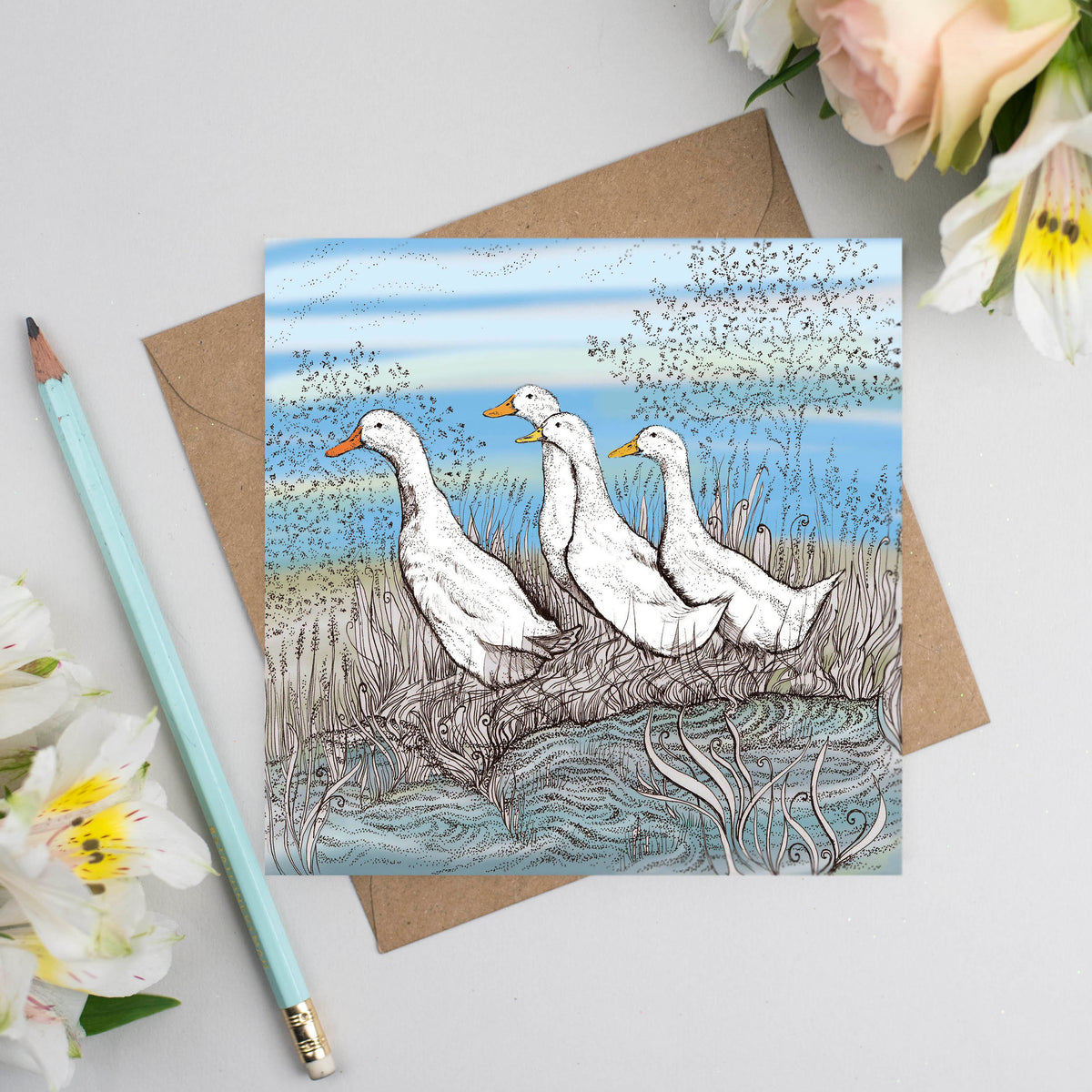 Ducks in a Row Hand Drawn Art Blank Greeting Card