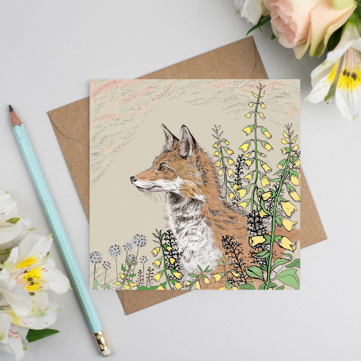 Foxgloves Hand Drawn Art Blank Wildlife Greeting Card