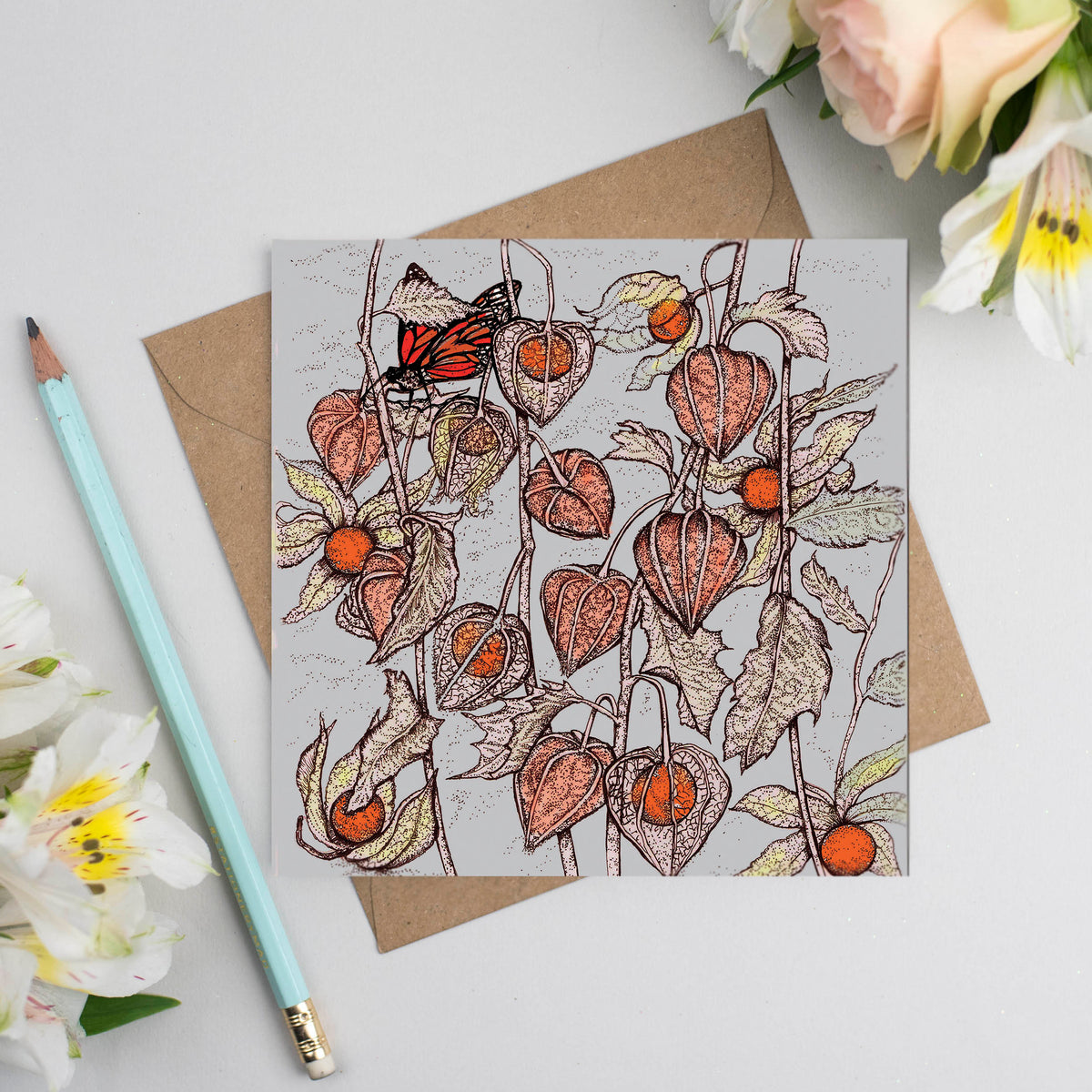 Physalis Butterfly Hand Drawn Art Blank Floral Greeting Card