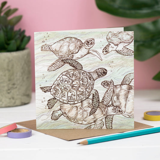 Swimming Turtles Hand Drawn Wildlife Art Blank Greeting Card