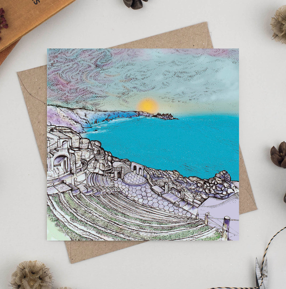 Minack Theatre Cornwall Coast Hand Drawn Blank Greeting Card