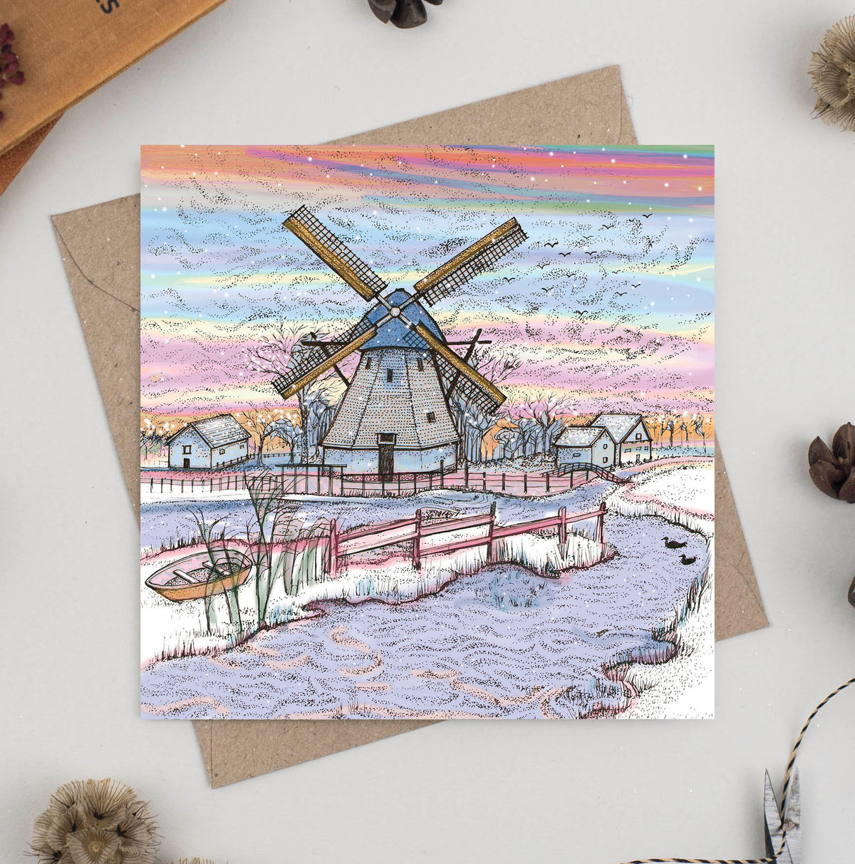 Windmill Hand Drawn Winter Blank Greeting Card