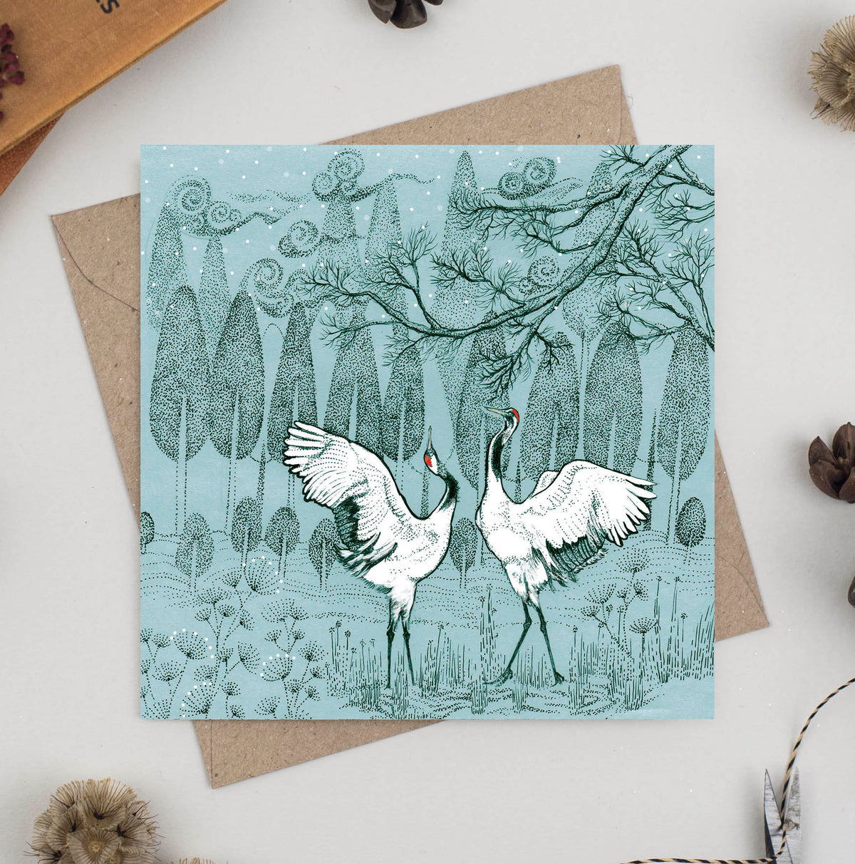 Dancing Cranes Hand Drawn Art Blank Birds Greeting Card