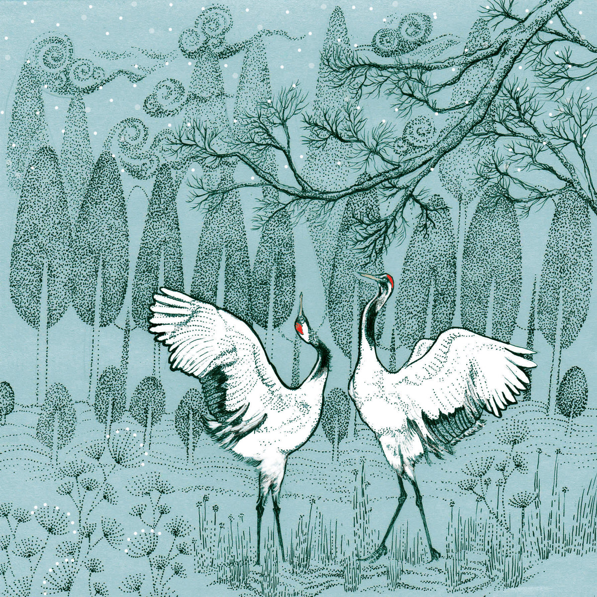 Dancing Cranes Hand Drawn Art Blank Birds Greeting Card