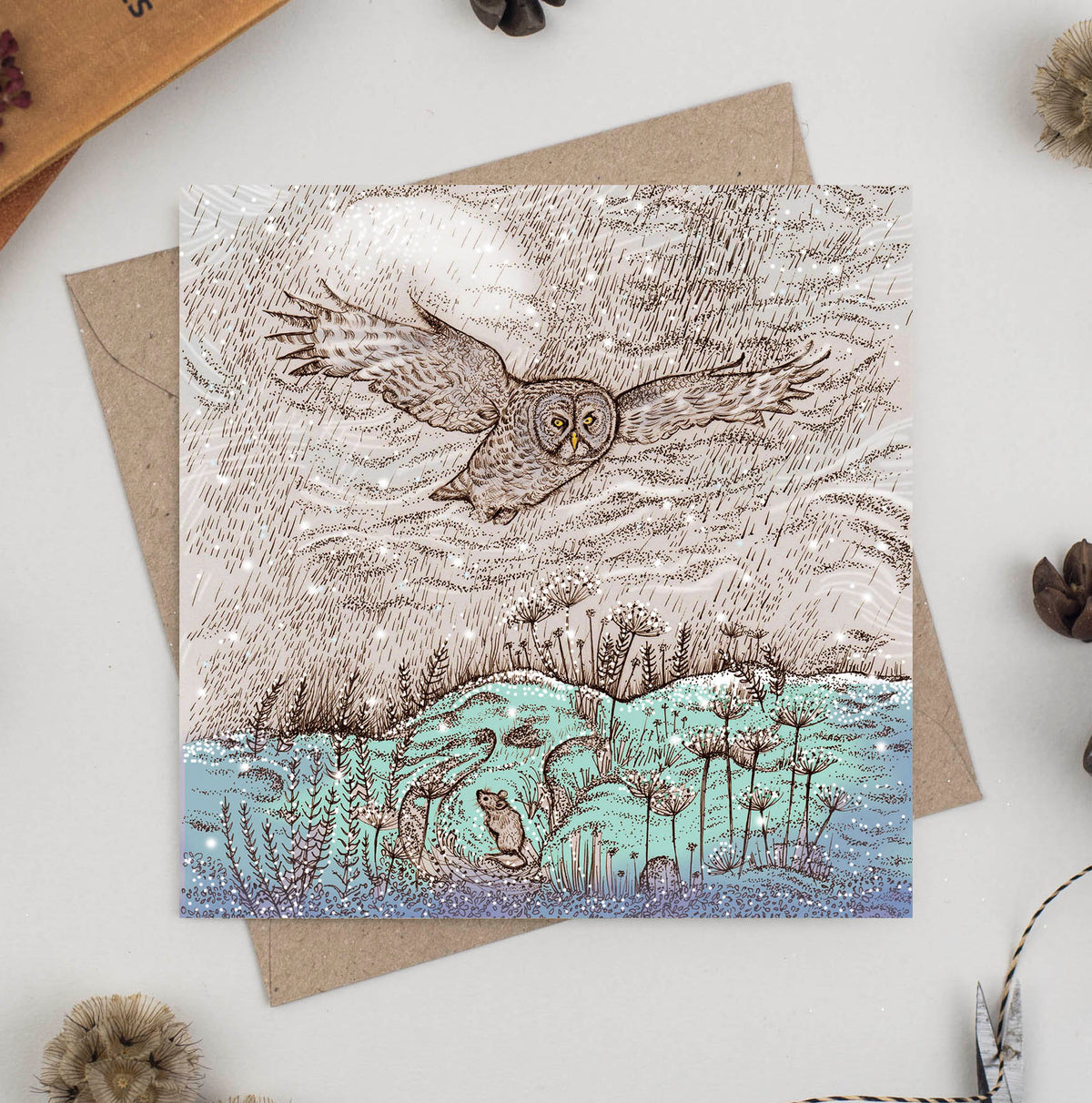 Great Grey Owl Hand Drawn Art Blank Winter Greeting Card