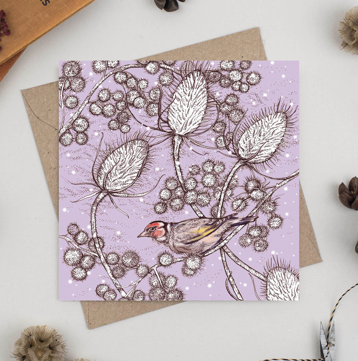 Finch Teasels Hand Drawn Art Blank Christmas Greeting Card