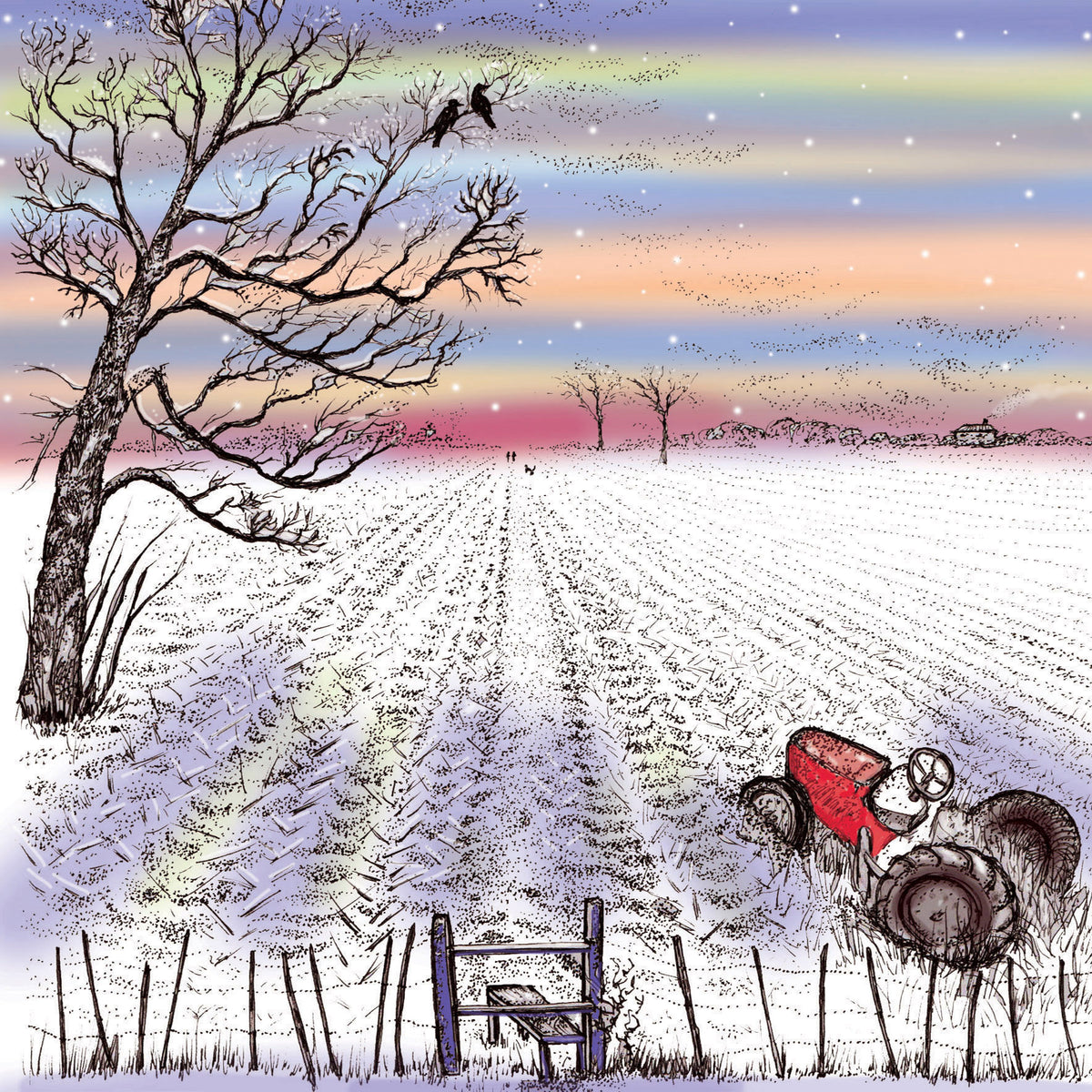 Tractor in Snow Winter Hand Drawn Blank Greeting Card