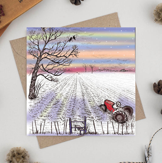 Tractor in Snow Winter Hand Drawn Blank Greeting Card
