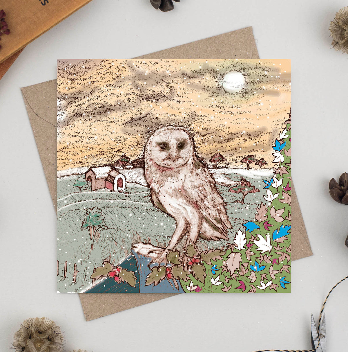 Owl Barn Hand Drawn Art Blank Christmas Greeting Card