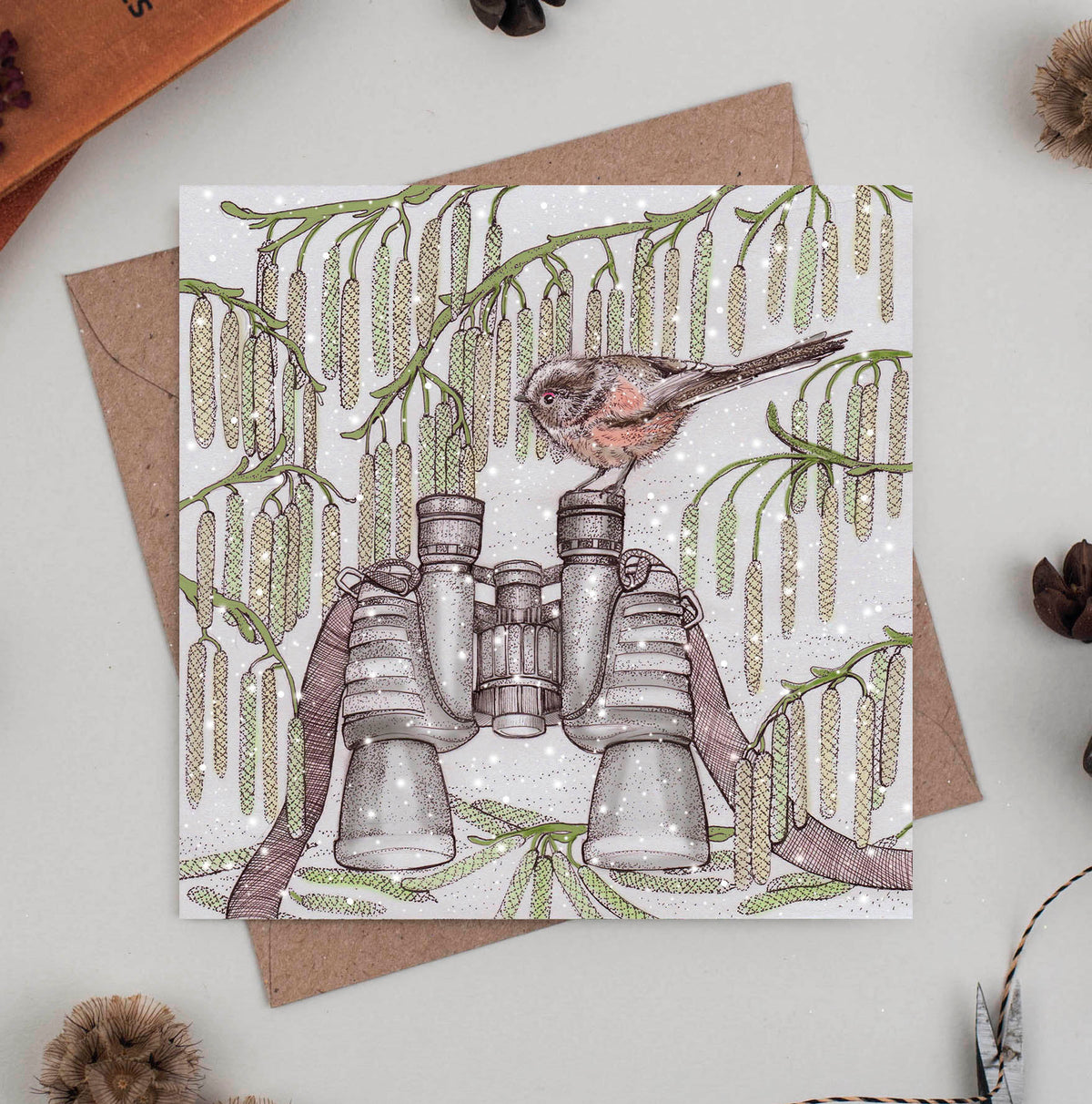Binoculars Bird Hand Drawn Wildlife Art Blank Greeting Card