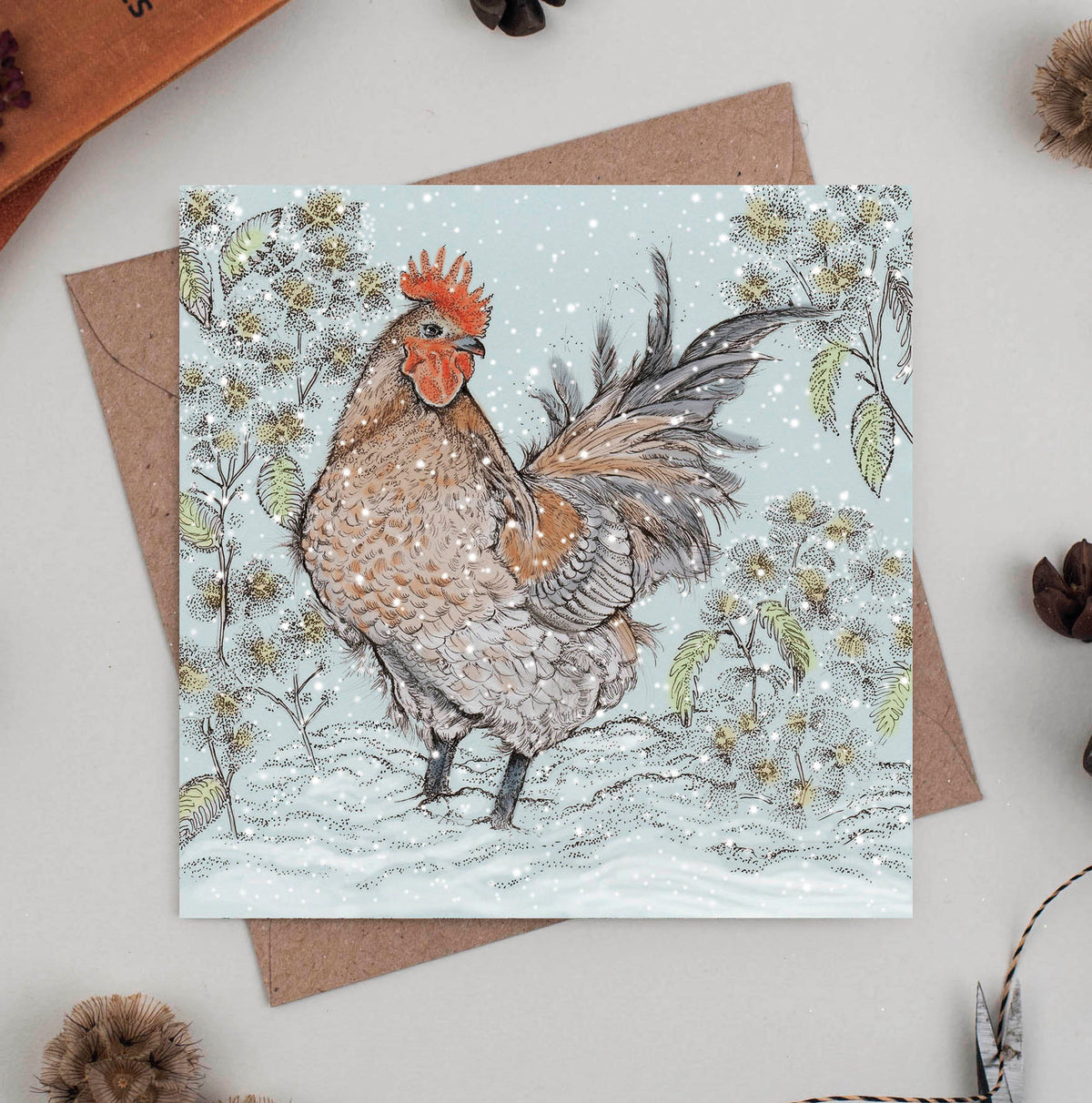 Winter Cockerel Hand Drawn Blank Wildlife Greeting Card