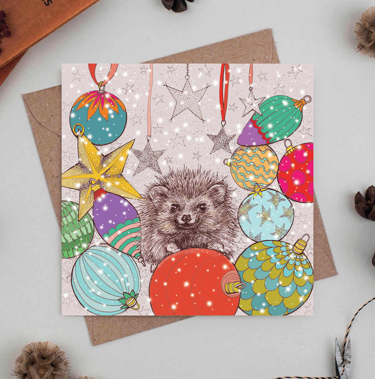 Hedgehog Baubles Hand Drawn Blank Christmas Greeting Card