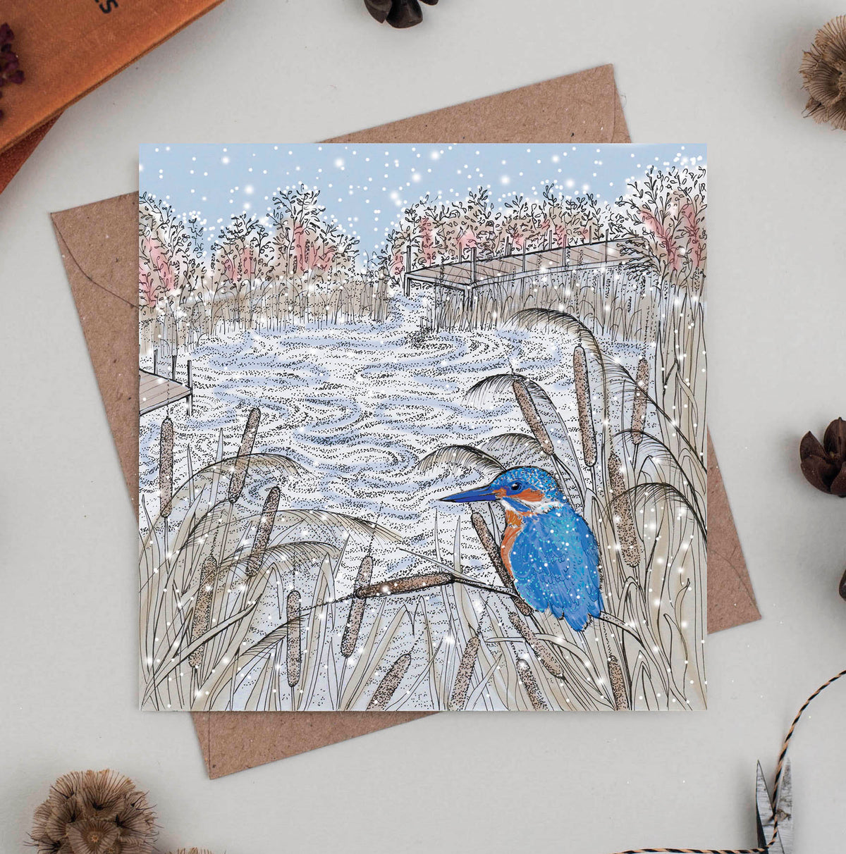 Kingfisher Reeds Winter Hand Drawn Art Blank Greeting Card