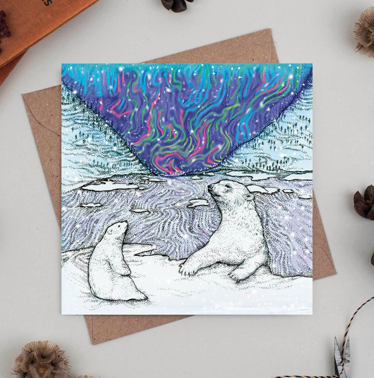 Polar Bears Aurora Borealis Hand Drawn Winter Blank Greeting Card – Fay ...