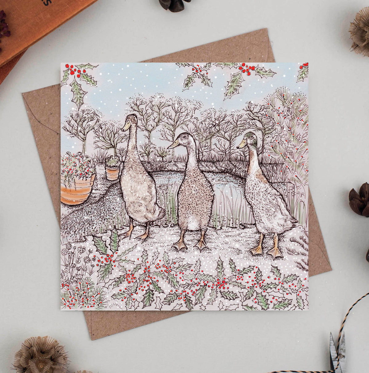 Runner Ducks Hand Drawn Birds Blank Christmas Greeting Card
