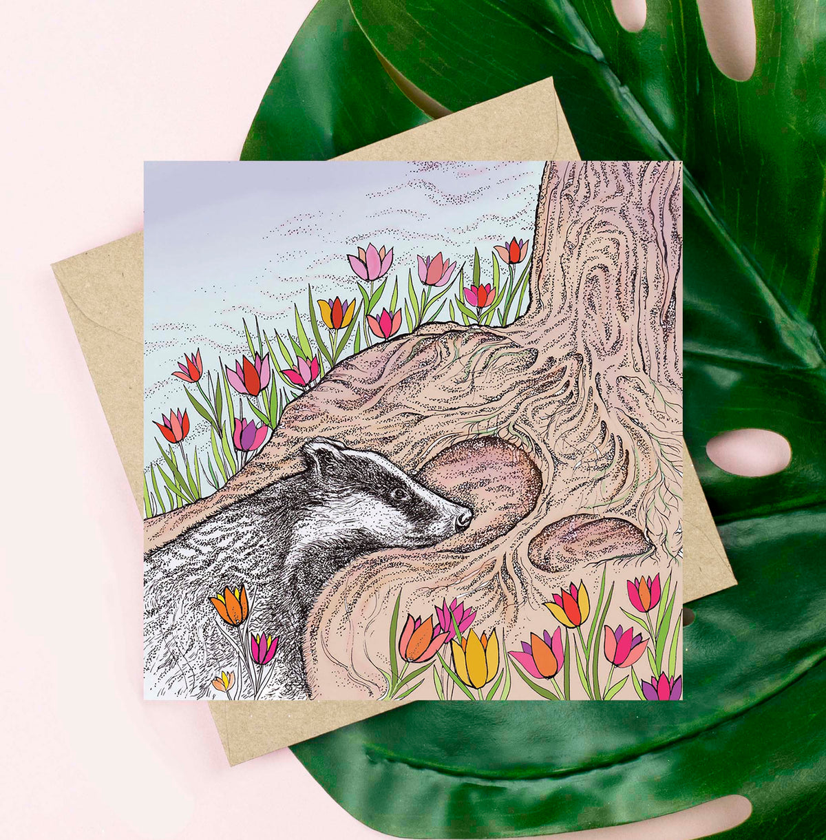 Badger Tulips Hand Drawn Wildlife Art Blank Greeting Card