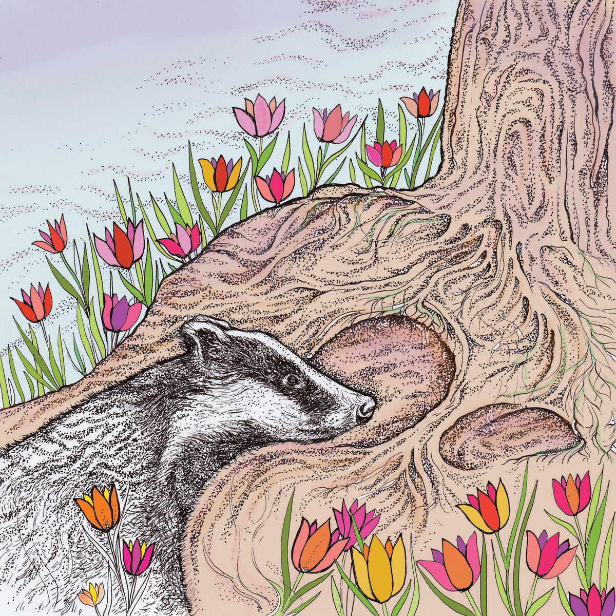 Badger Tulips Hand Drawn Wildlife Art Blank Greeting Card
