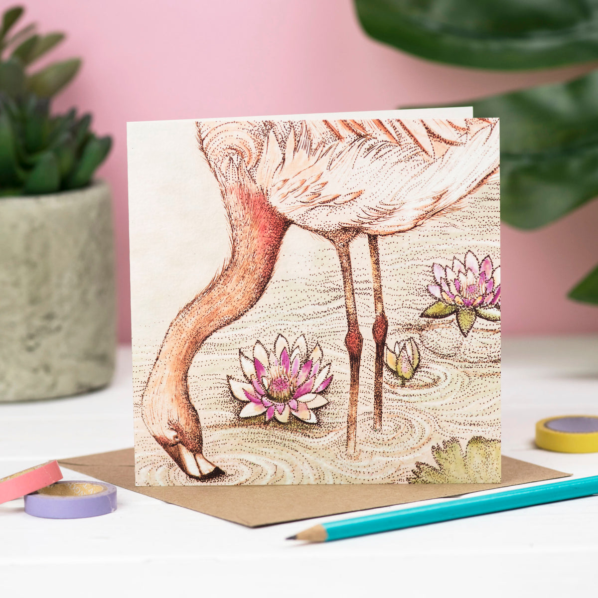 Flamingo Hand Drawn Art Blank Bird Greeting Card