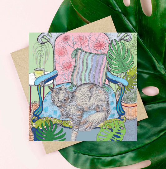 Cat on Armchair Hand Drawn Art Floral Blank Greeting Card