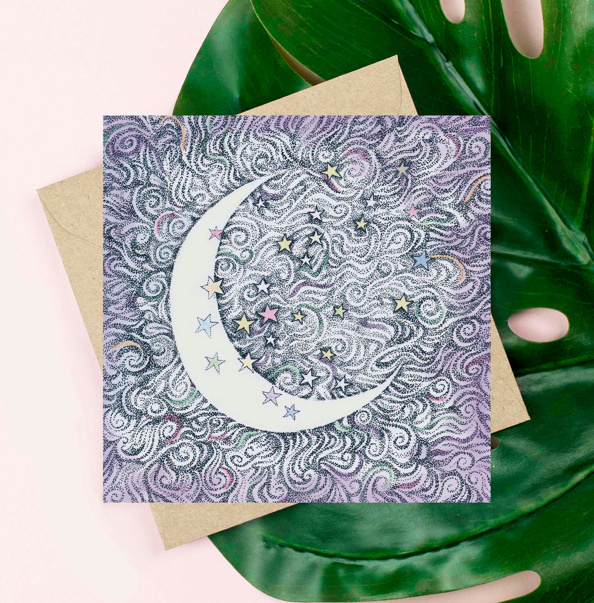 Moon and Stars Hand Drawn Art Blank Greeting Card