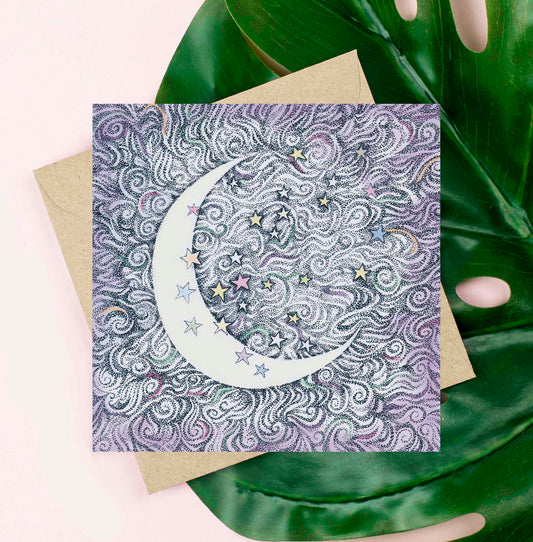 Moon and Stars Hand Drawn Art Blank Greeting Card