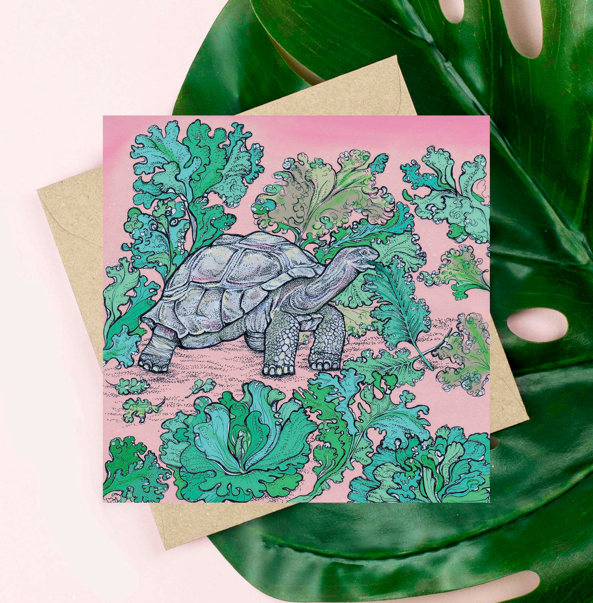 Tortoise and Lettuce Hand Drawn Blank Wildlife Greeting Card