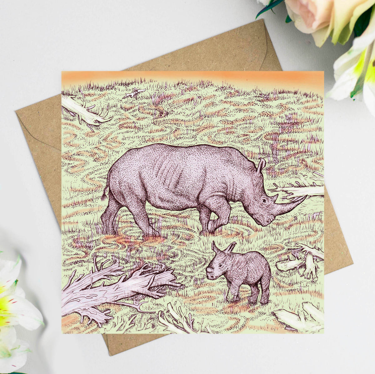 Rhinos Wild Hand Drawn Zoo Safari Blank Art Greeting Card