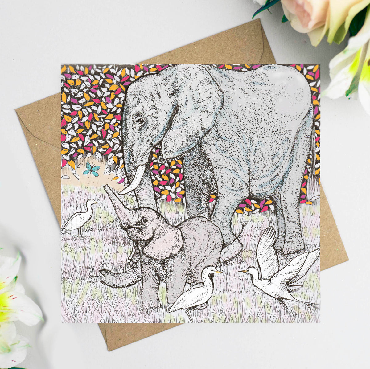Elephants Butterfly Hand Drawn Art Blank Zoo Greeting Card