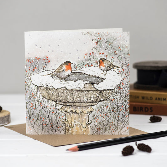 Bird Bath Robin Couple Hand Drawn Blank Christmas Card