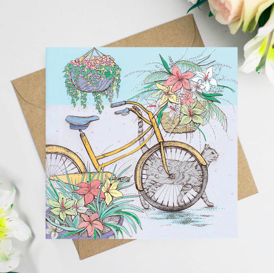 Cat and Bicycle Hand Drawn Floral Art Blank Greeting Card