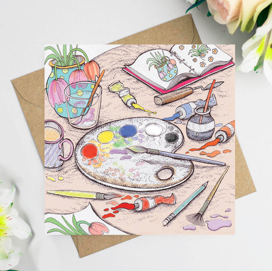 Artists Table Hand Drawn Art Blank Hobby Paint Greeting Card