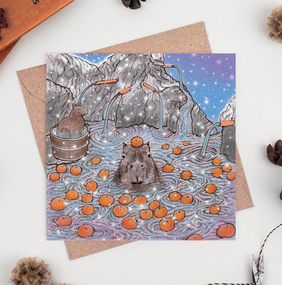 Capybara Mandarin Onsen Animal Blank Greeting Card