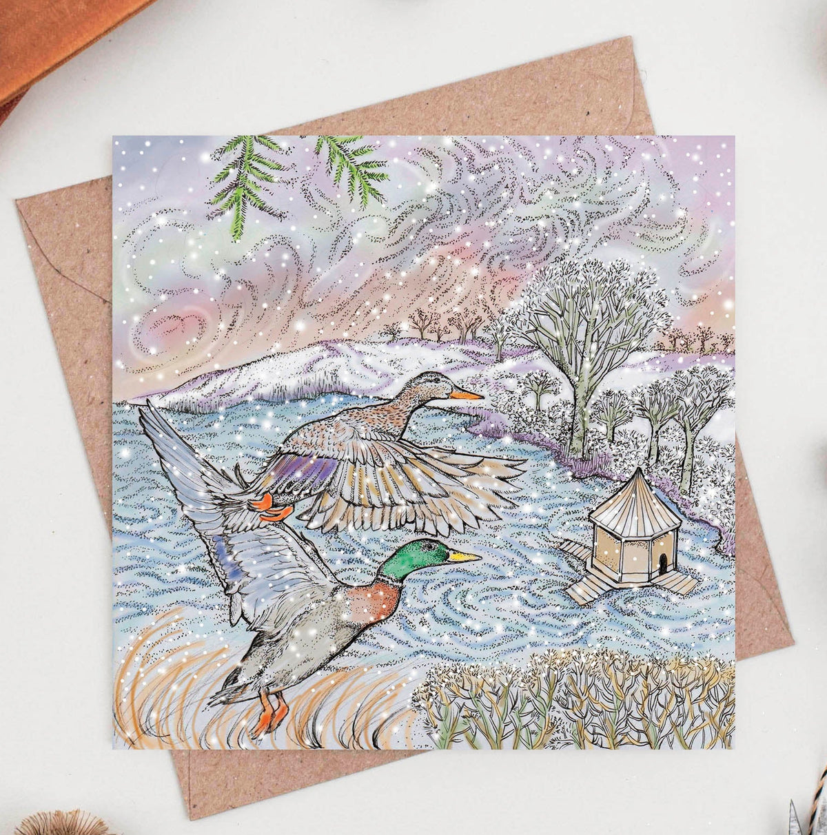 Ducks In Flight Hand Drawn Art Blank Bird Greeting Card