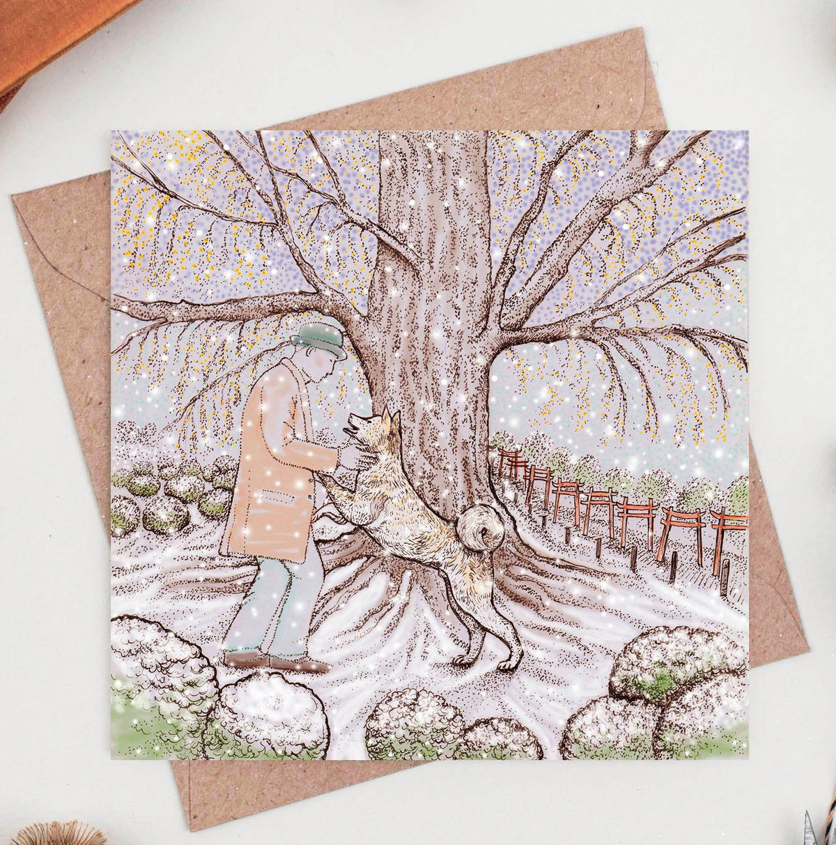 Hachiko The Akita Japan Dog Hand Drawn Blank Greeting Card