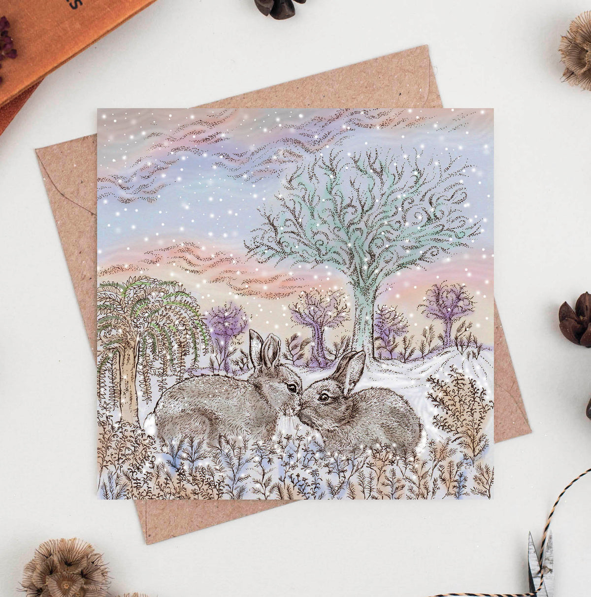 Kissing Bunnies Hand Drawn Art Blank Christmas Greeting Card