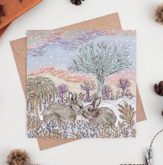 Kissing Bunnies Hand Drawn Art Blank Christmas Greeting Card