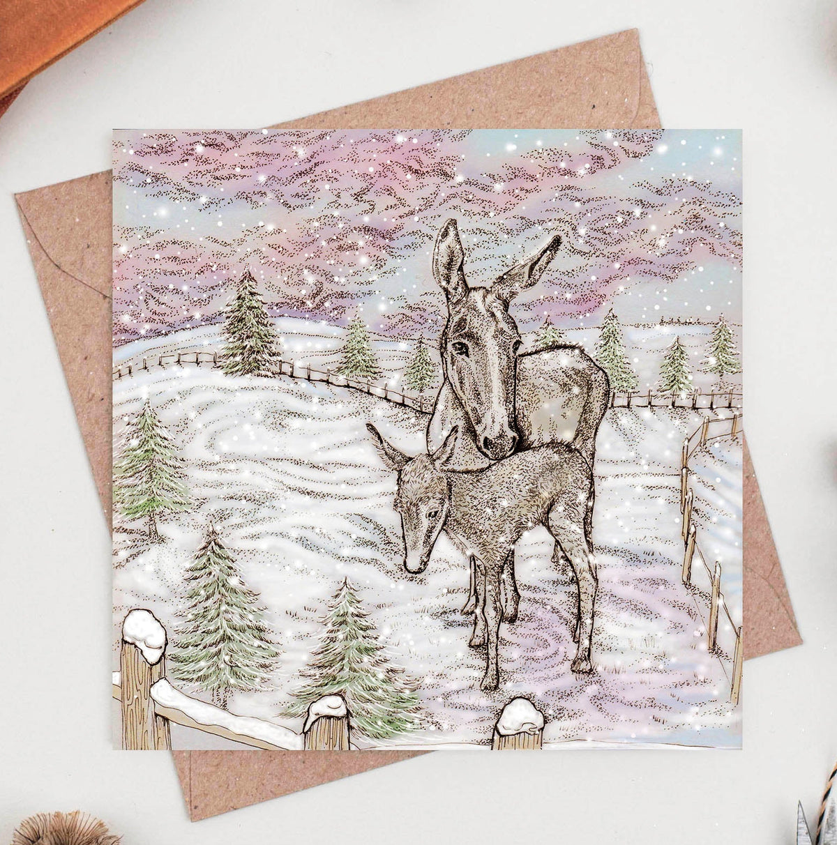 Little Donkeys Hand Drawn Art Christmas Blank Greeting Card