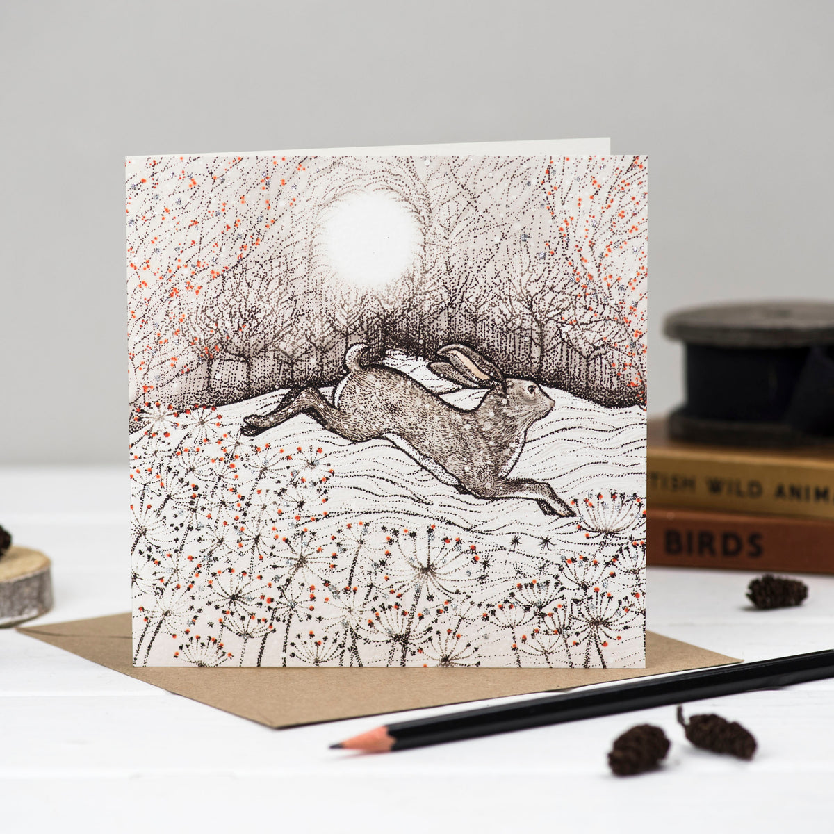 Leaping Hare Hand Drawn Art Blank Christmas Greeting Card