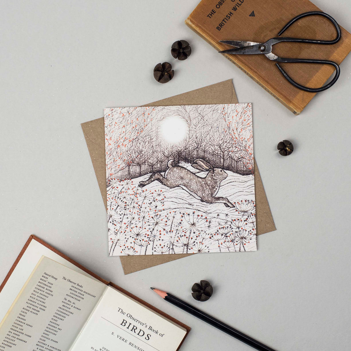 Leaping Hare Hand Drawn Art Blank Christmas Greeting Card
