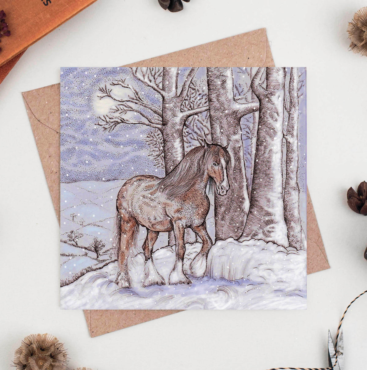 Shire Horse and Moon In Winter Countryside Greeting Card