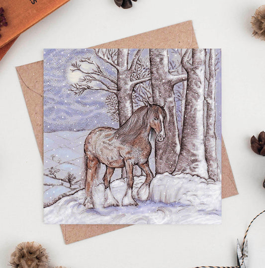 Shire Horse and Moon In Winter Countryside Greeting Card